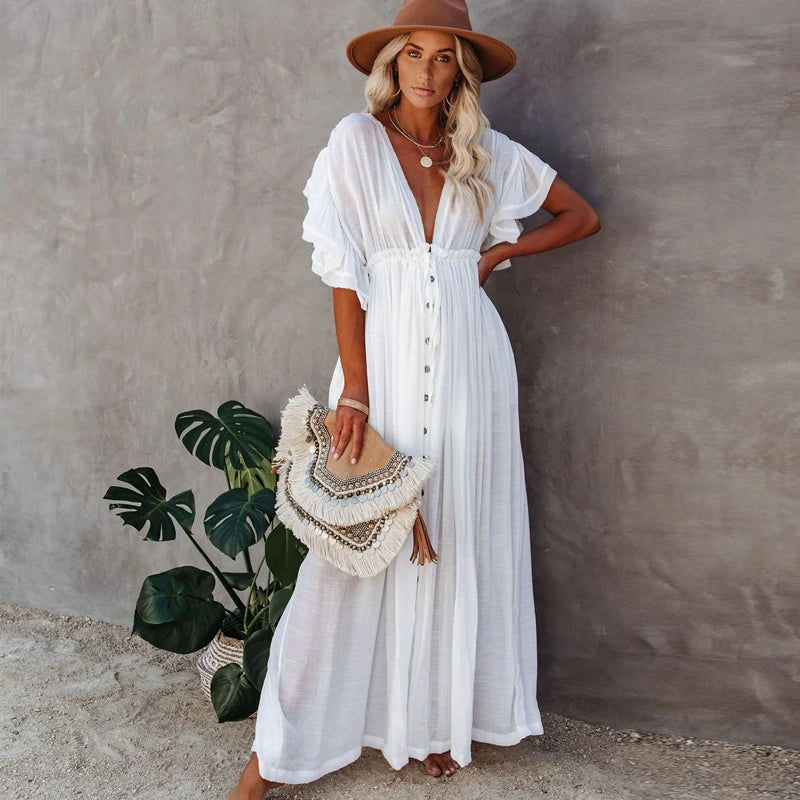 Strapless Women Dress with a Built - in Bra for Comfort and SupportFashionSierra-Sexy  Deep V Neck  Maxi  Women  Backless  White Cotton  Summer  Ruffles  2024  Casual  Beach  Bikini Cover Up  Boho Dress