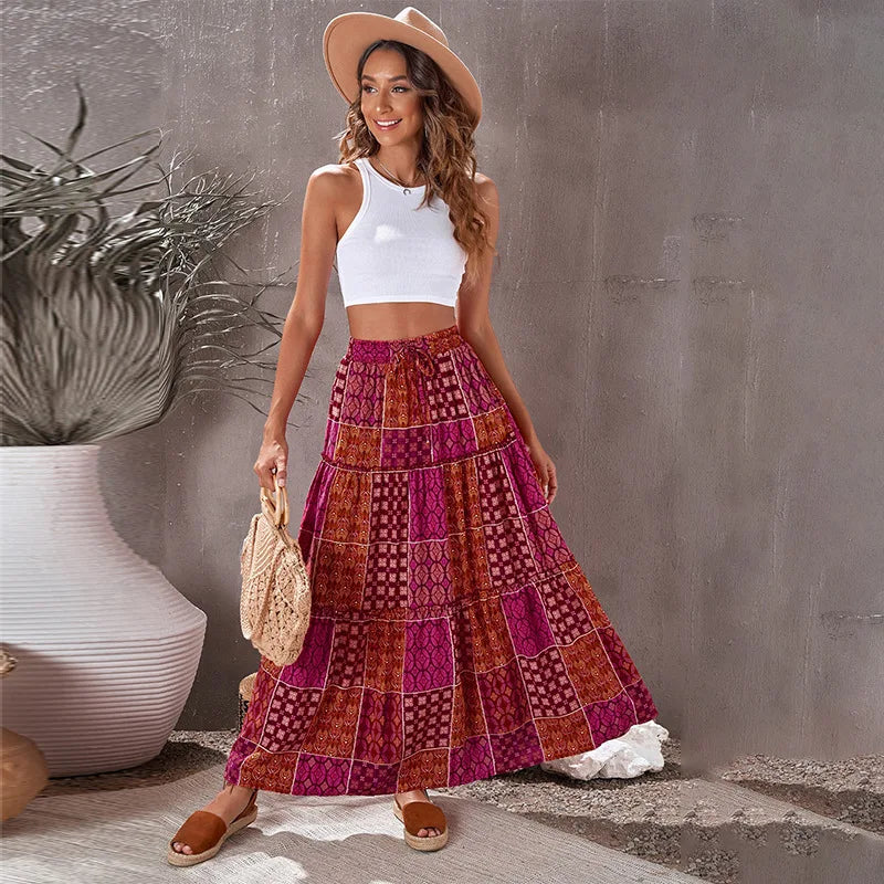 Lace - Embellished Women Dress for an Elegant and Sophisticated AppearanceFashionSierra-Vintage  Ethnic Plaid  Loose  Summer  Skirts  For Women  Casual  Ruffles  High Waist  Skirt  2024  Elegant  Beach Wear  Long Skirts  Boho Dress