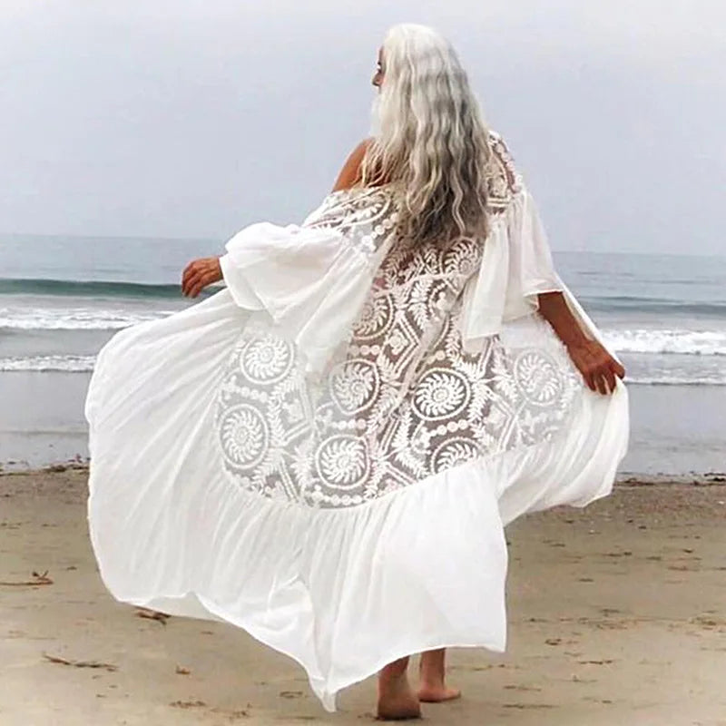 Backless Women Dress for a Sexy and Alluring Look at Evening EventsFashionSierra-White  Bikini Cover Ups  Lace  Women  Beach  Sexy  See Through  Transparent  Ruffles  Tunic  Vestidos  Boho Dress