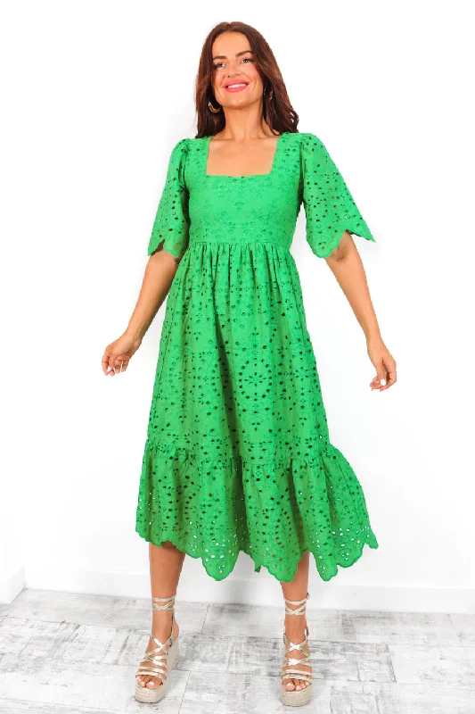 Wrap - Style Women Dress with Adjustable Fit for All Body TypesWrap - Style Women Dress with Adjustable Fit for All Body TypesGirl Next Door - Green Embroidery Anglaise Midi dress