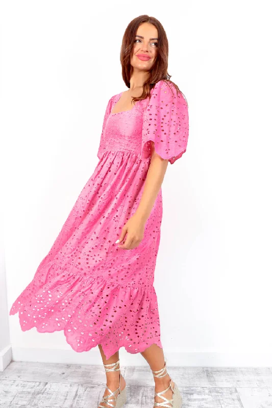 Ruffled Women Dress with Multiple Layers for a Playful and Girly StyleRuffled Women Dress with Multiple Layers for a Playful and Girly StyleGirl Next Door - Pink Embroidery Anglaise Midi Dress