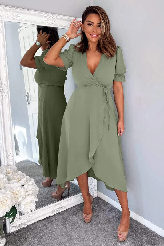 Mermaid - Style Women Dress with a Fitted Silhouette for Special OccasionsMermaid - Style Women Dress with a Fitted Silhouette for Special OccasionsKhaki Wrap Side Tie Midi Dress