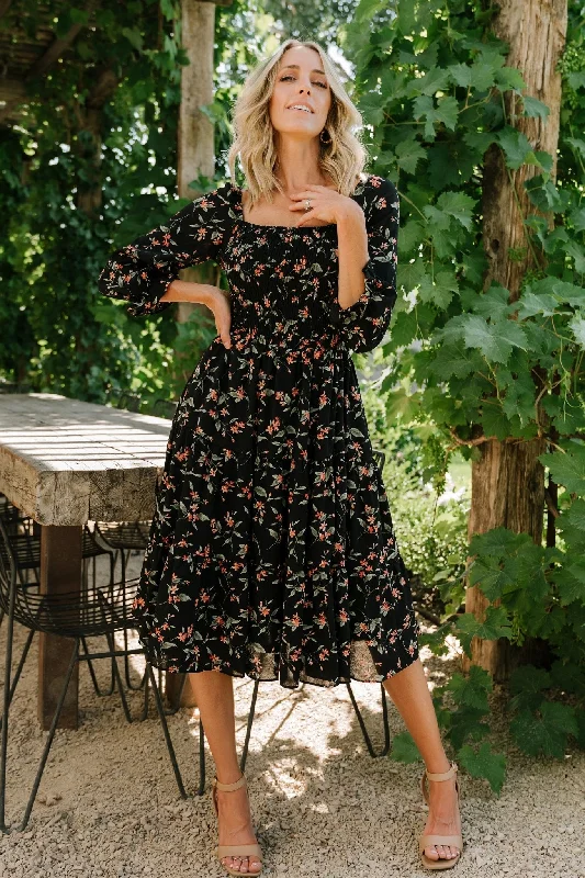 Backless Women Dress for a Sexy and Alluring Look at Evening EventsBackless Women Dress for a Sexy and Alluring Look at Evening EventsMarta Smocked Midi Dress | Black Floral