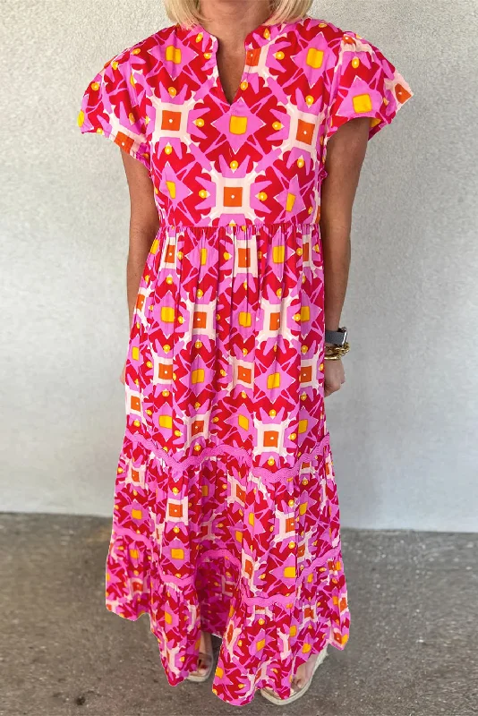 Plus Size Women Dress with a Flattering A - Line Cut for Comfort and StylePlus Size Women Dress with a Flattering A - Line Cut for Comfort and StyleMastermind Strawberry Pink Abstract Print Pleated Flounce Sleeve Maxi Dress