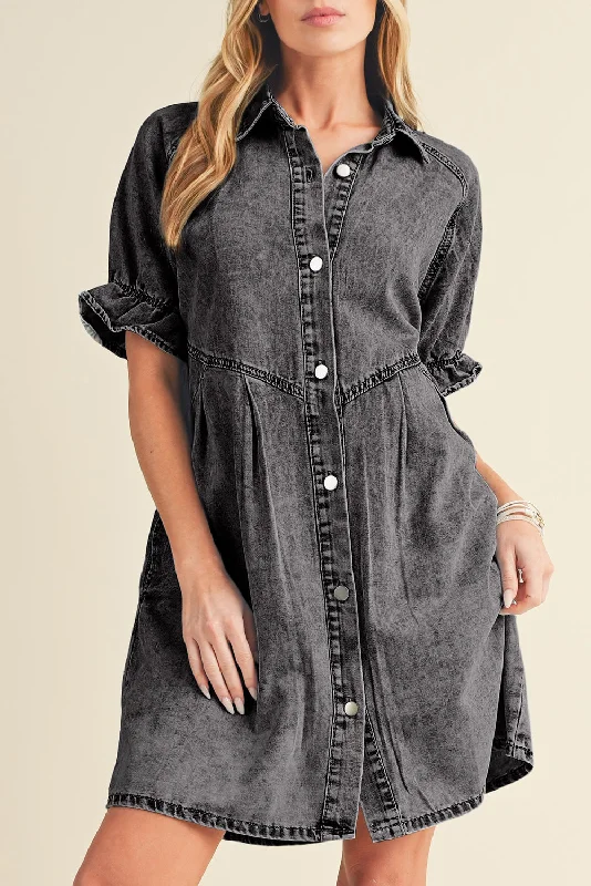 Ruffled Women Dress with Multiple Layers for a Playful and Girly StyleRuffled Women Dress with Multiple Layers for a Playful and Girly StyleMedium Grey Mineral Washed Ruffled Short Sleeve