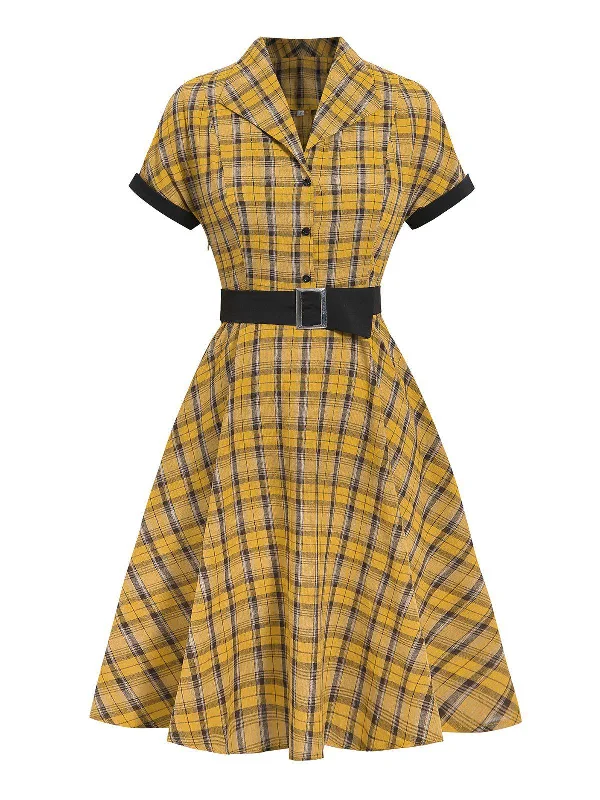 Printed Abstract Women Dress for a Modern and Artistic AppealPrinted Abstract Women Dress for a Modern and Artistic AppealMustard 1950s Plaid Belt Swing Dress