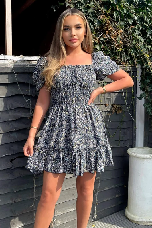 Off - the - Shoulder Women Dress for a Romantic and Feminine LookOff - the - Shoulder Women Dress for a Romantic and Feminine LookNavy Printed Puff Sleeve Shirred Mini Dress