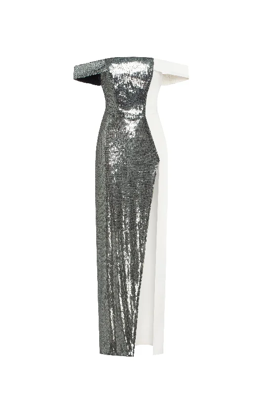 Halter Neck Women Dress to Show Off the Shoulders and NecklineHalter Neck Women Dress to Show Off the Shoulders and NecklineNoteworthy white satin maxi gown covered in silver sequins, Xo Xo