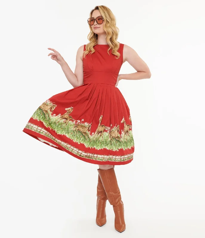 Printed Abstract Women Dress for a Modern and Artistic AppealRetrospec'd Red & Greener Pastures Print Peggy Swing Dress