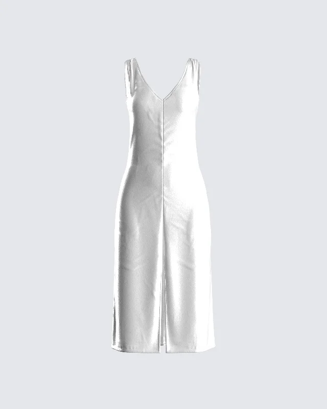 Ruffled Women Dress with Multiple Layers for a Playful and Girly StyleSaskia White Satin Slit Midi Dress