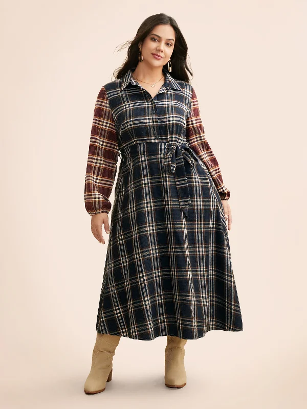 Empire Waist Women Dress to Accentuate the Bust and Conceal the WaistEmpire Waist Women Dress to Accentuate the Bust and Conceal the WaistShirt Collar Plaid Contrast Belted Dress