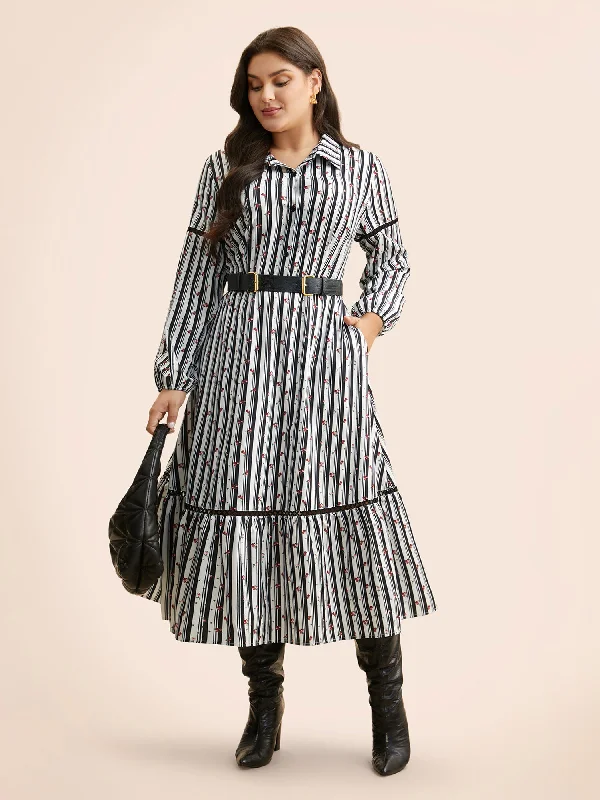 Plus Size Women Dress with a Flattering A - Line Cut for Comfort and StylePlus Size Women Dress with a Flattering A - Line Cut for Comfort and StyleStriped Ditsy Floral Woven Ribbon Dress