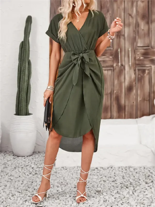 Strapless Women Dress with a Built - in Bra for Comfort and SupportStrapless Women Dress with a Built - in Bra for Comfort and SupportTied Surplice Short Sleeve Dress