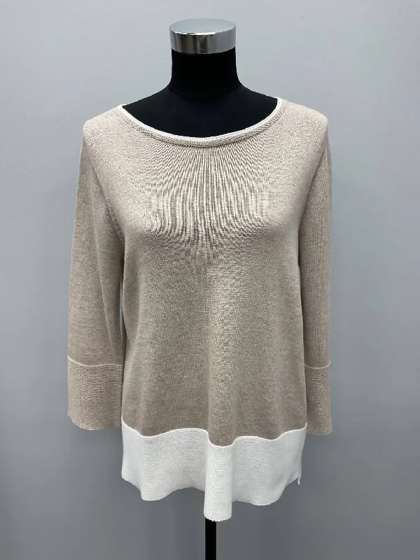 Cable - Knit Women Sweater with Intricate PatternsBeige Cotton 3/4 Sleeve Sweater In Beige And White