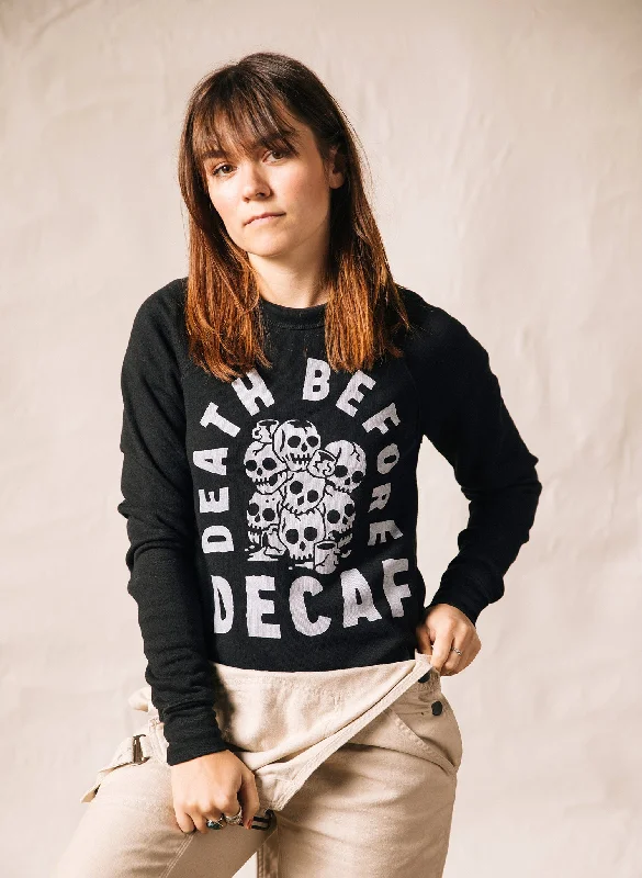 Hand - Knitted Women Sweater with Artisanal CharmDeath Before Decaf Crewneck