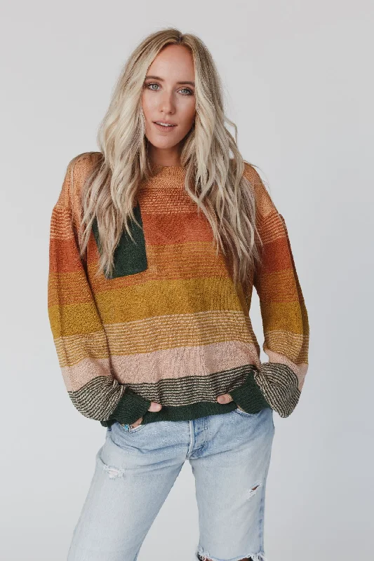 Hand - Knitted Women Sweater with Artisanal CharmGoing Places Gradient Stripe Sweater - Mustard