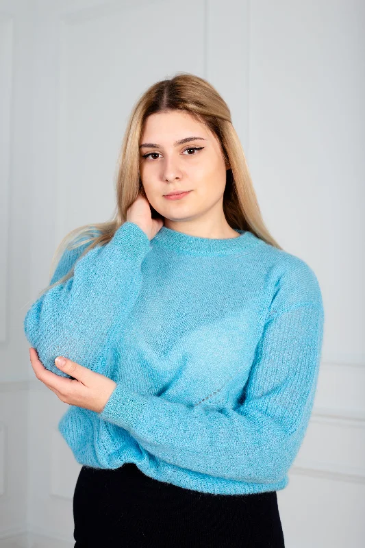 Cable - Knit Women Sweater with Intricate PatternsSweater  women in light blue color