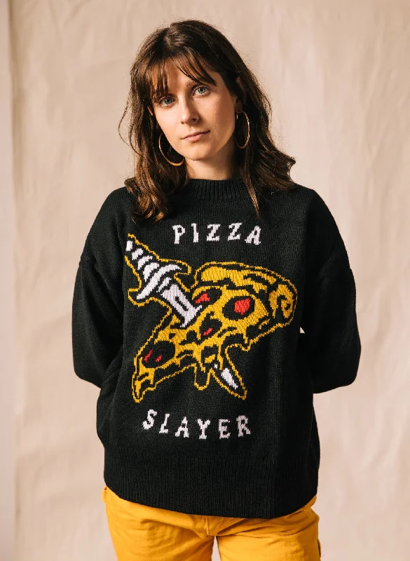 Long - Sleeve Women Sweater with Ribbed CuffsPizza Slayer Sweater