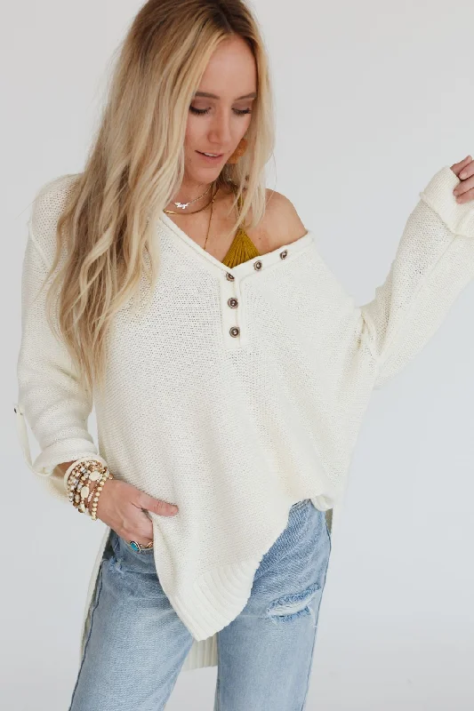 Cropped Women Sweater to Pair with High - Waisted BottomsSweater Weather Henley - White