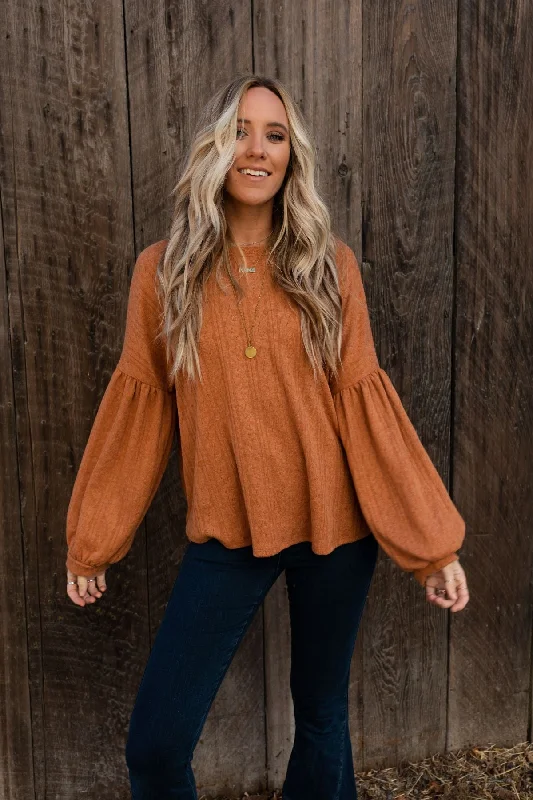 Lightweight Women Sweater for Spring and FallThe Nest Sweet Heart Balloon Sleeve Knit Sweater - Burnt Orange