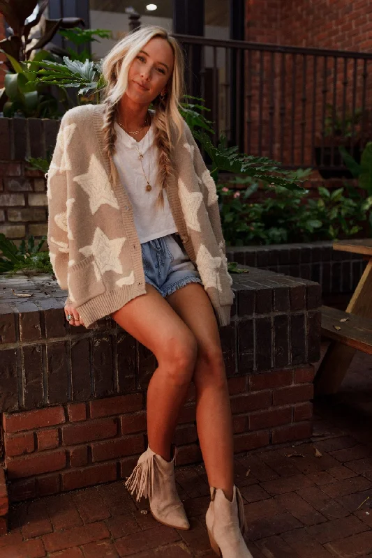 Cropped Women Sweater to Pair with High - Waisted BottomsWrapped In Stars Oversized Cardigan - Taupe