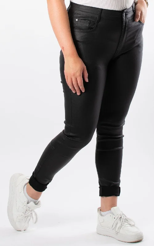 Distressed women jeans for a trendy and edgy lookLeather Look Jeans | Black