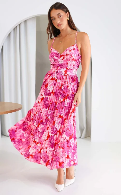 Colored women jeans in vibrant hues like red and yellowMallory Maxi Dress - Pink Red Floral