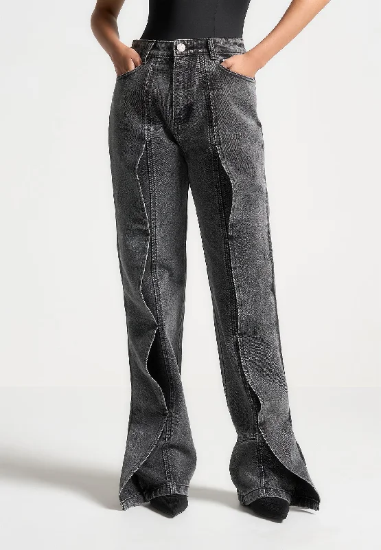 Acid - wash women jeans with a retro finishWave Detail Boyfriend Jeans - Washed Grey