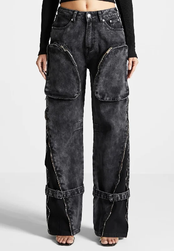 Straight - leg women jeans with a classic and timeless appealZip Detail Denim Cargo Pants - Washed Black