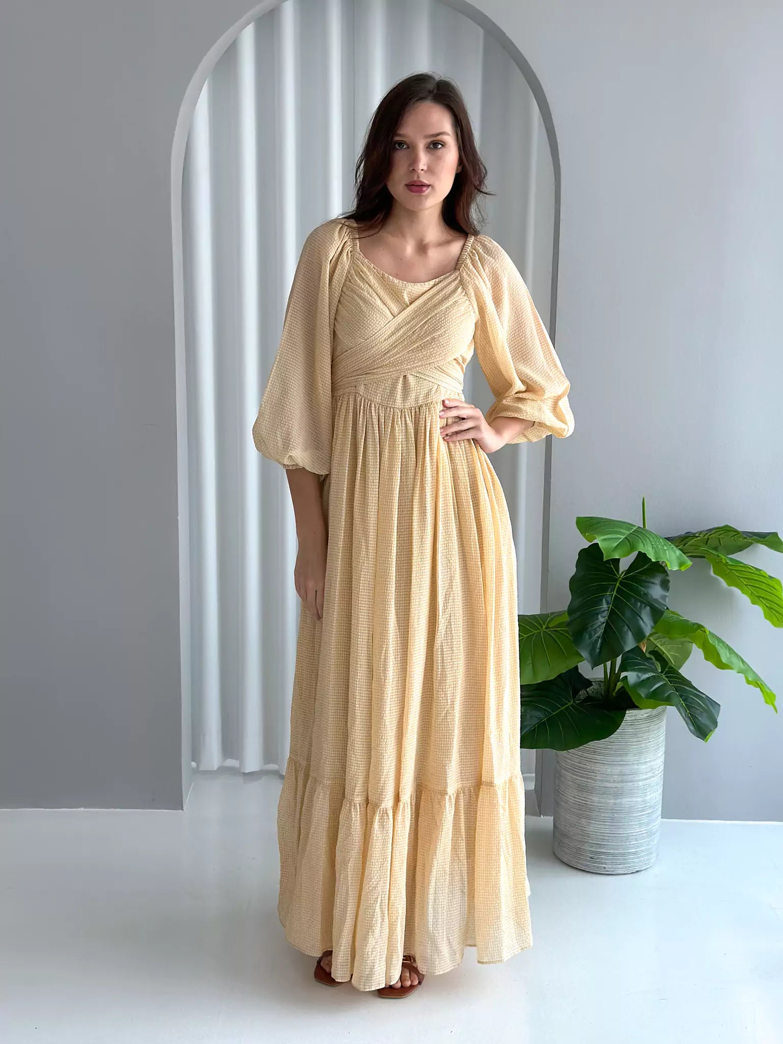 Long - Sleeve Women Dress in Velvet for a Luxurious Winter LookLong - Sleeve Women Dress in Velvet for a Luxurious Winter LookAmelia Wrap Long Dress - Beige Yellow