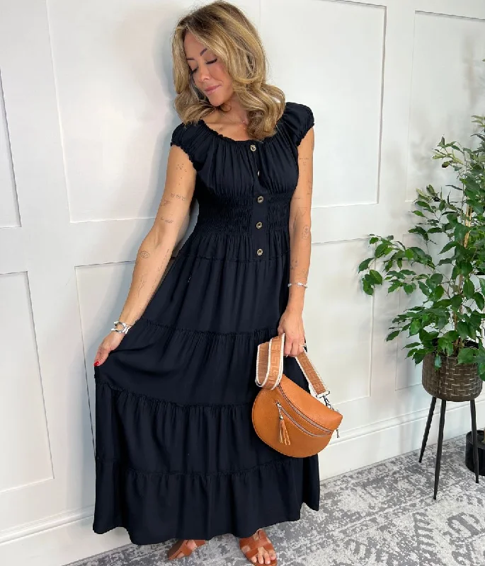 Off - the - Shoulder Women Dress for a Romantic and Feminine LookOff - the - Shoulder Women Dress for a Romantic and Feminine LookBlack Tiered Shirred Midi Dress