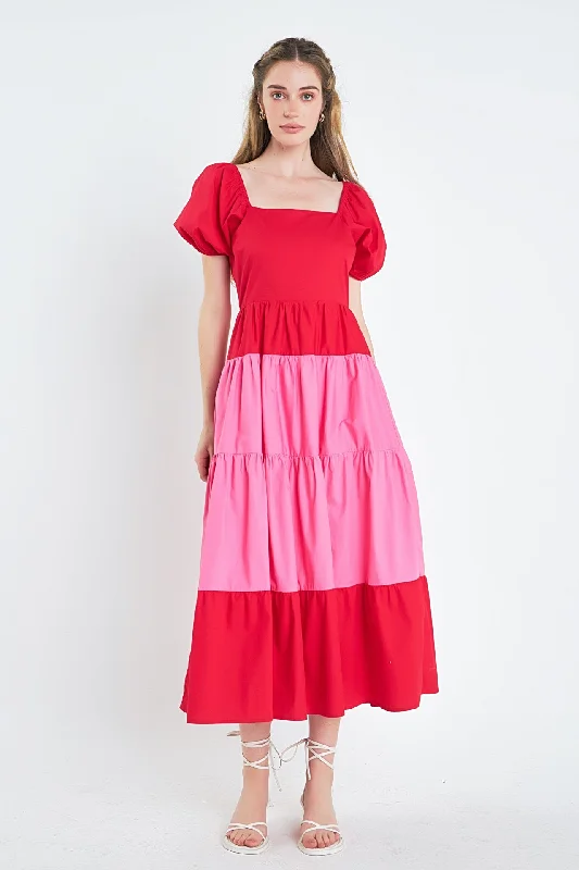 Strapless Women Dress with a Built - in Bra for Comfort and SupportStrapless Women Dress with a Built - in Bra for Comfort and SupportColor Block Puff Sleeve Maxi Dress