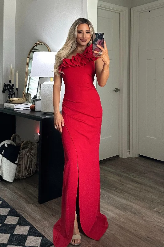 Little Black Women Dress with Sequins for a Glamorous Night OutLittle Black Women Dress with Sequins for a Glamorous Night OutCourtland Ruffle One Shoulder Maxi Dress: Red