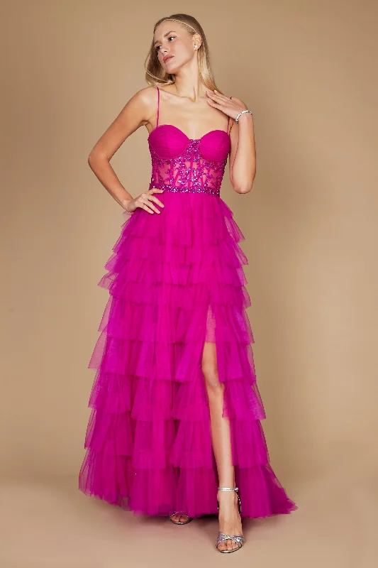 Ruffled Women Dress with Multiple Layers for a Playful and Girly StyleRuffled Women Dress with Multiple Layers for a Playful and Girly StyleDylan & Davids Long Fuchsia Corset Prom Ball Gown