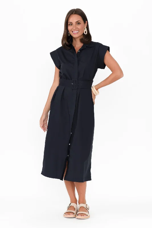 Wrap - Style Women Dress with Adjustable Fit for All Body TypesWrap - Style Women Dress with Adjustable Fit for All Body TypesGail Navy Cotton Belted Dress