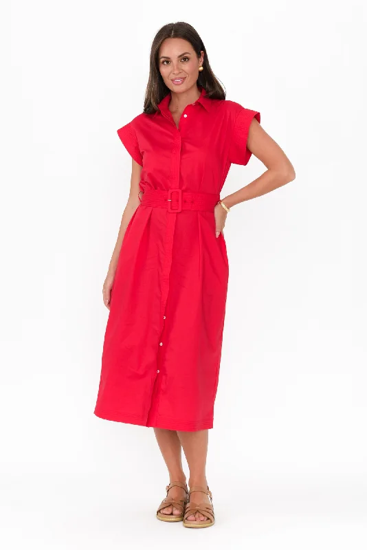 Pleated Women Dress with a Timeless and Elegant TexturePleated Women Dress with a Timeless and Elegant TextureGail Red Cotton Belted Dress