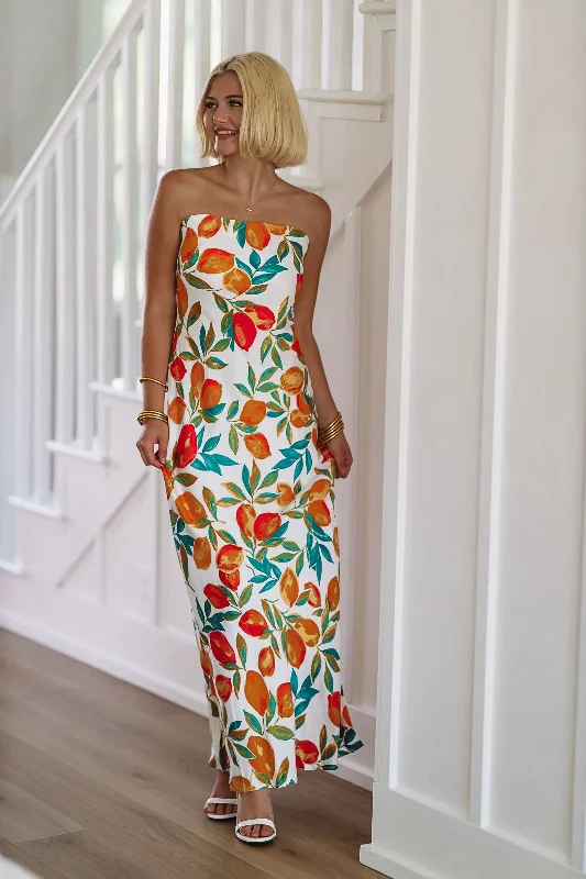 Halter Neck Women Dress to Show Off the Shoulders and NecklineHalter Neck Women Dress to Show Off the Shoulders and NecklineIn the Grove Maxi Dress - White, Orange and Green