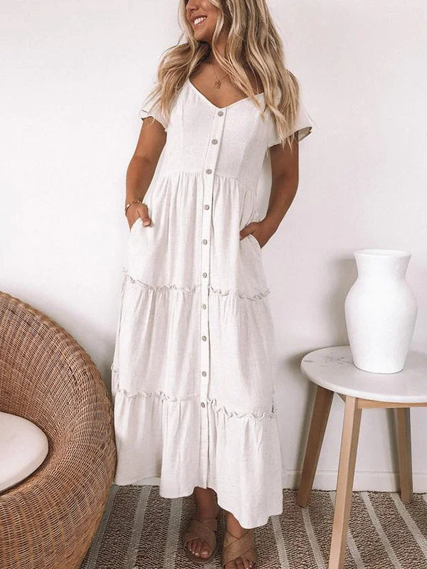 Ruffled Women Dress with Multiple Layers for a Playful and Girly StyleRuffled Women Dress with Multiple Layers for a Playful and Girly StyleButton Up Frill Trim Dress