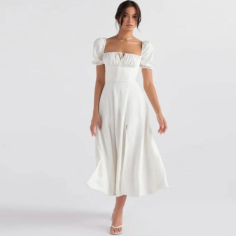 Ruffled Women Dress with Multiple Layers for a Playful and Girly StyleRuffled Women Dress with Multiple Layers for a Playful and Girly StylePuff Sleeve Tie Front High Split Off Shoulder Midi Sundress - White