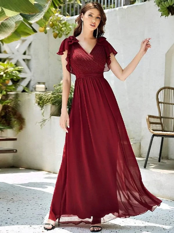 Mermaid - Style Women Dress with a Fitted Silhouette for Special OccasionsMermaid - Style Women Dress with a Fitted Silhouette for Special OccasionsElegant Pleated Bodice Ruffles Sleeves Chiffon Evening Dress