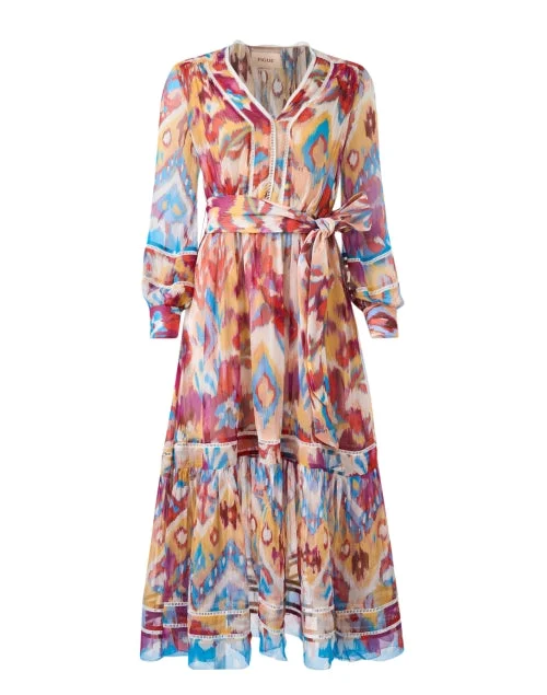 Printed Abstract Women Dress for a Modern and Artistic AppealPrinted Abstract Women Dress for a Modern and Artistic AppealSierra Multicolor Ikat Silk Dress