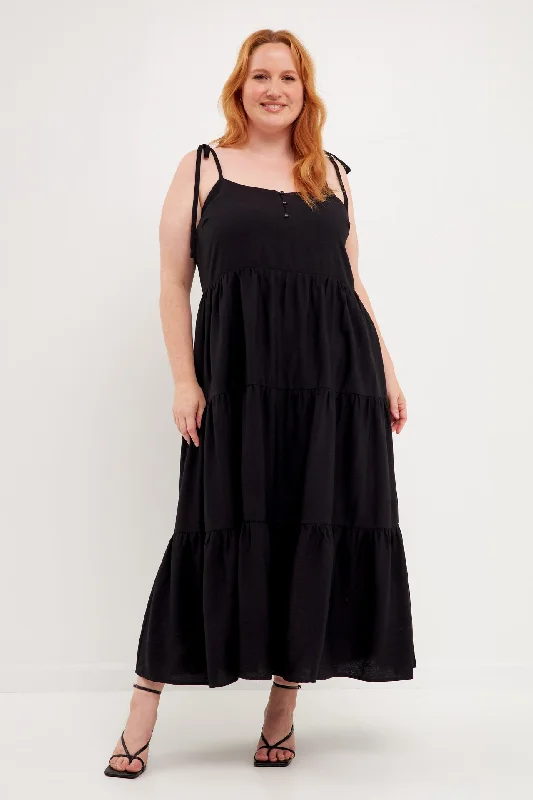 Ruffled Women Dress with Multiple Layers for a Playful and Girly StyleRuffled Women Dress with Multiple Layers for a Playful and Girly StyleSpaghetti Tie Tiered Maxi Dress