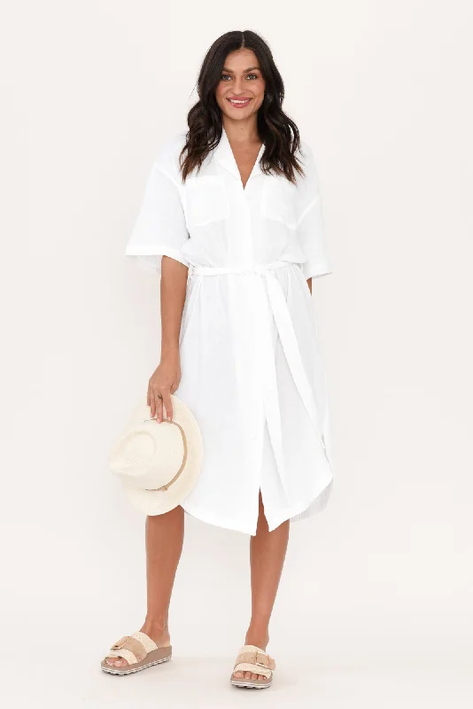 Shift Women Dress with a Simple and Classic Design for Everyday WearShift Women Dress with a Simple and Classic Design for Everyday WearTahiti White Cotton Cheesecloth Tie Dress