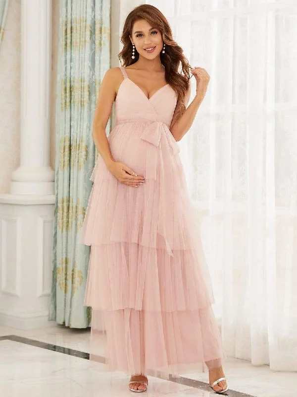 Mermaid - Style Women Dress with a Fitted Silhouette for Special OccasionsMermaid - Style Women Dress with a Fitted Silhouette for Special OccasionsTie Waist V-Neck Tiered Floor-length Maternity Dress