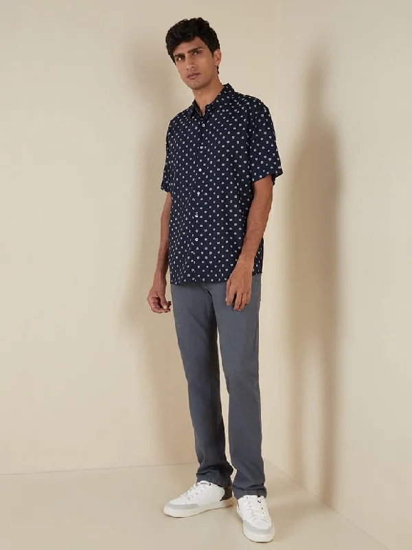 Ascot Navy Printed Relaxed-Fit Shirt