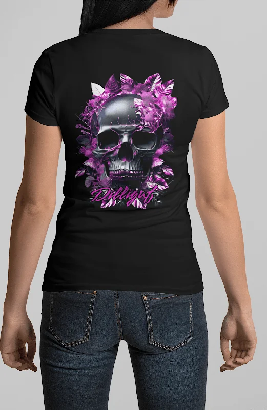 Distressed Women T Shirt with a Laid - Back AestheticDistressed Women T Shirt with a Laid - Back AestheticDark Purple Skull